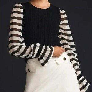 Anthropologie Puff Sleeve Cable Knit Sweater Feminine Ruffle Dainty Preppy Lace